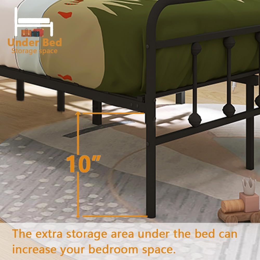 Twin Size Metal Bed Frame with Vintage Headboard and Footboard, Premium Stable Steel Slat Support Mattress Foundation, No Box Spring Needed and Easy Assembly,Black(Twin).