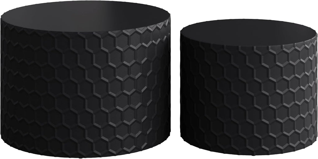 Round Nesting Coffee Table Set of 2, Modern Circular Side Table Set with Honeycomb Design, 2 Piece Nesting End Table Accent Tables Coffee Table for Living Room Bedroom Apartment - Black