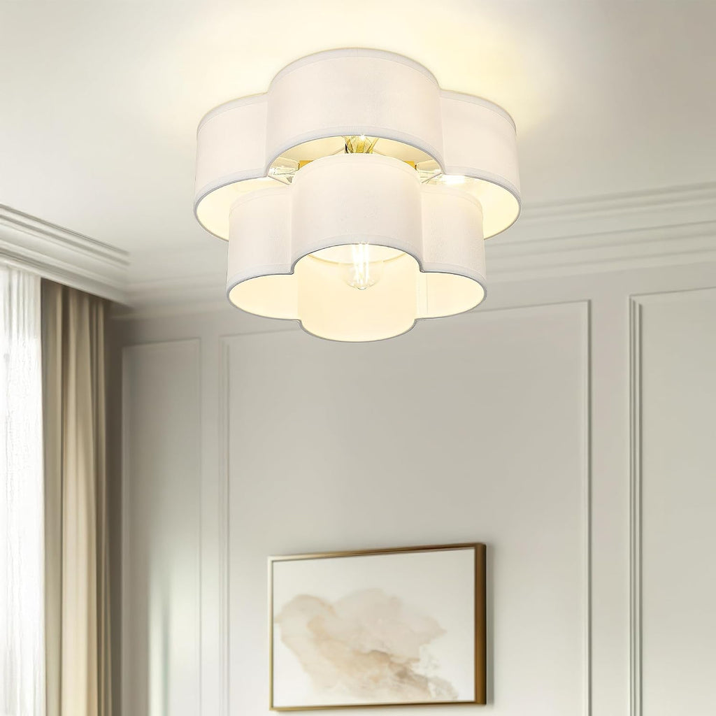 Gold Semi Flush Mount Ceiling Light, 5-Light 18' Ceiling Light Fixtures with Double Fabric Drum Shade in Quatrefoil Shape, Light Fixtures Ceiling Mount for Nursery Bedroom, AD-22007-5SF-GD