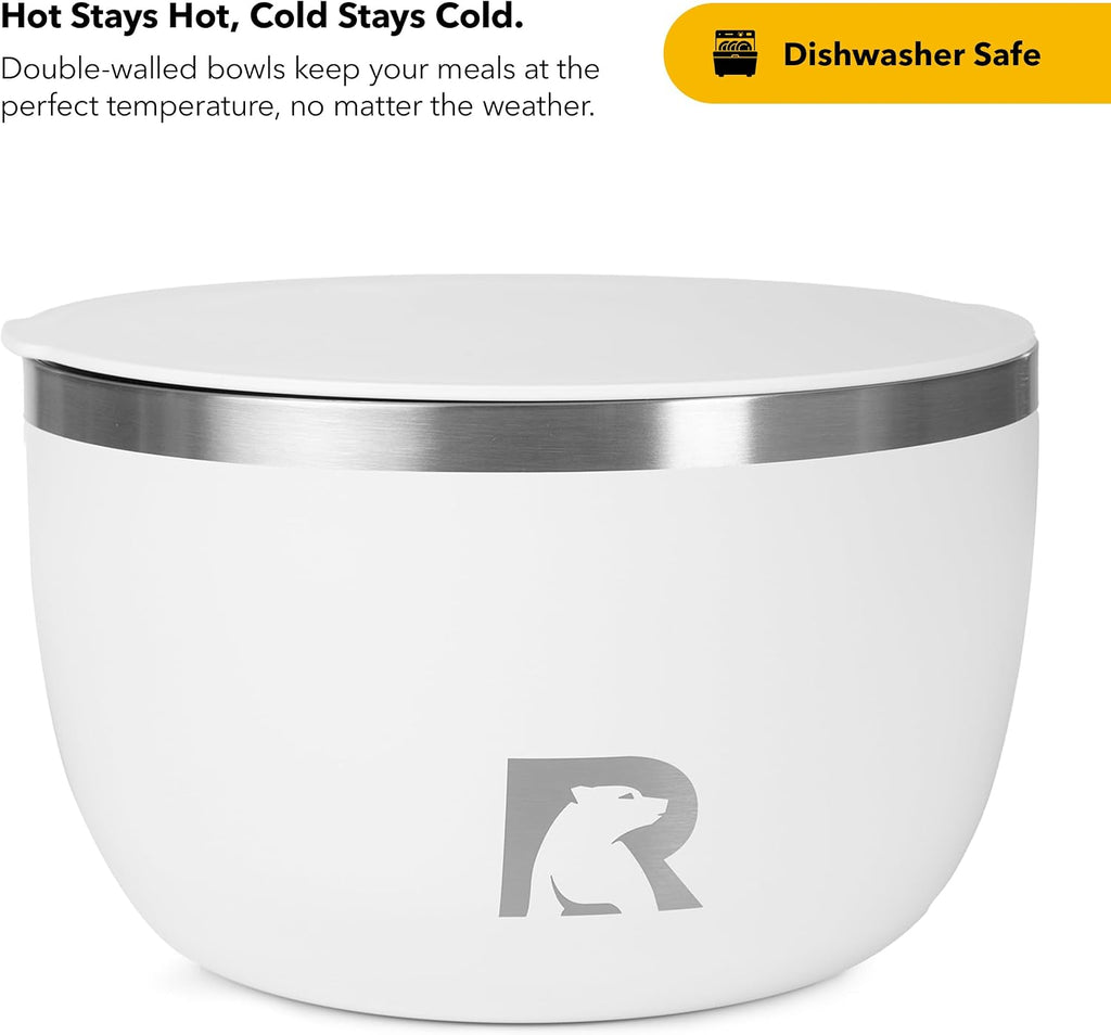 RTIC Anywhere Stainless Steel Camping Bowl Set of Two with Lids, Vacuum Insulated, Stackable, Durable, Outdoor Dinnerware, White