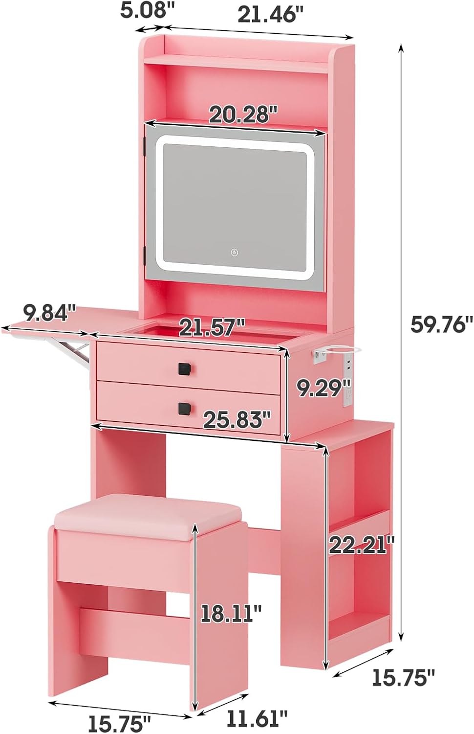Vabches Small Makeup Vanity Desk, 3 Adjustable Lighted Mirror, White Vanity Set, Fold-up Panel, Charging Station, Glass Top, Drawers, Chair, 2 Hidden Storage Shelves (Pink)