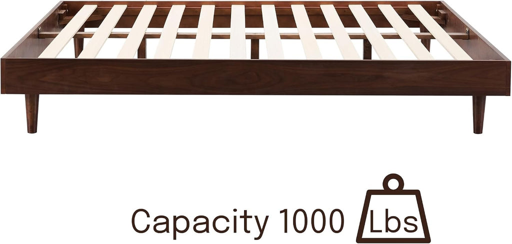 NTC Fly Wooden Bed Frame Without Headboard, Crafted from Walnut, Rubber Wood with Silent Slats and Wood Central Supports, 1000 Lb Capacity, Effortless Assembly, Queen - Dark Walnut