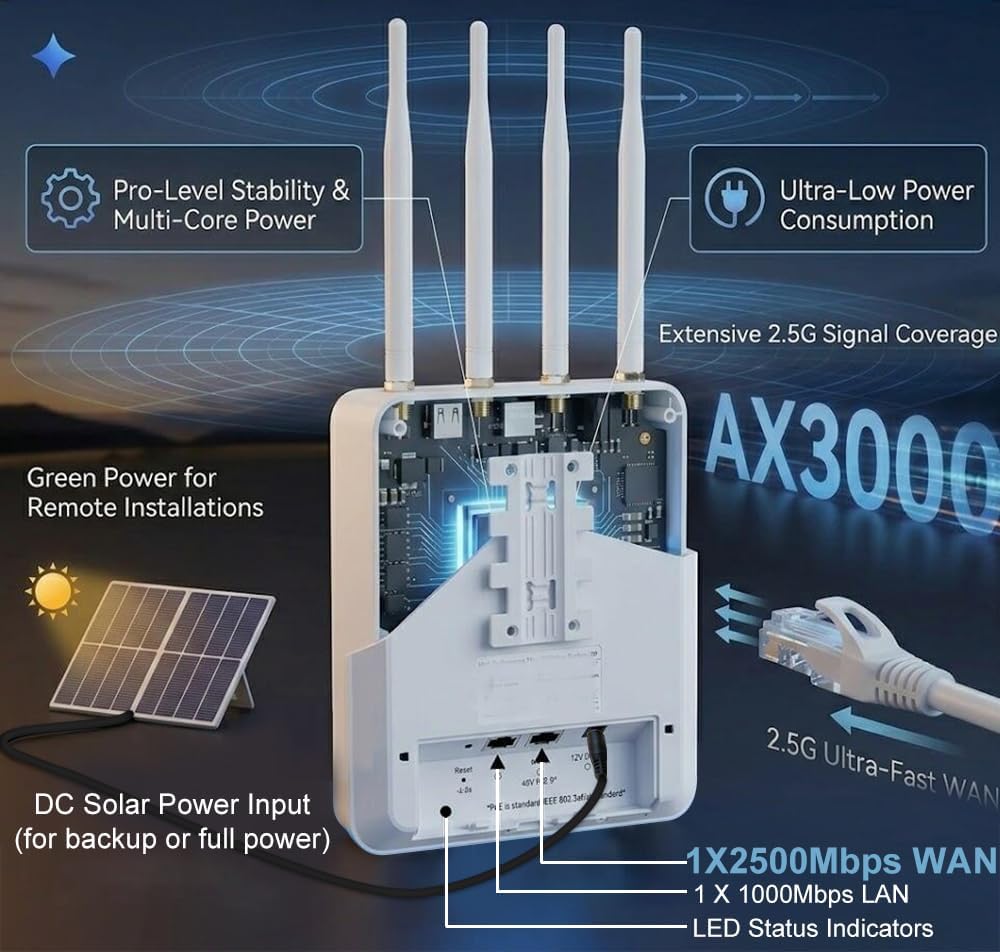KuWFi 2.5Gbps AX3000 Outdoor WiFi 6 Extender, Long Range Outdoor WiFi Extender Signal Booster, IP65 Weatherproof Outdoor Wireless Access Point/Repeater with PoE for Farm, Yard, RV, Starlink