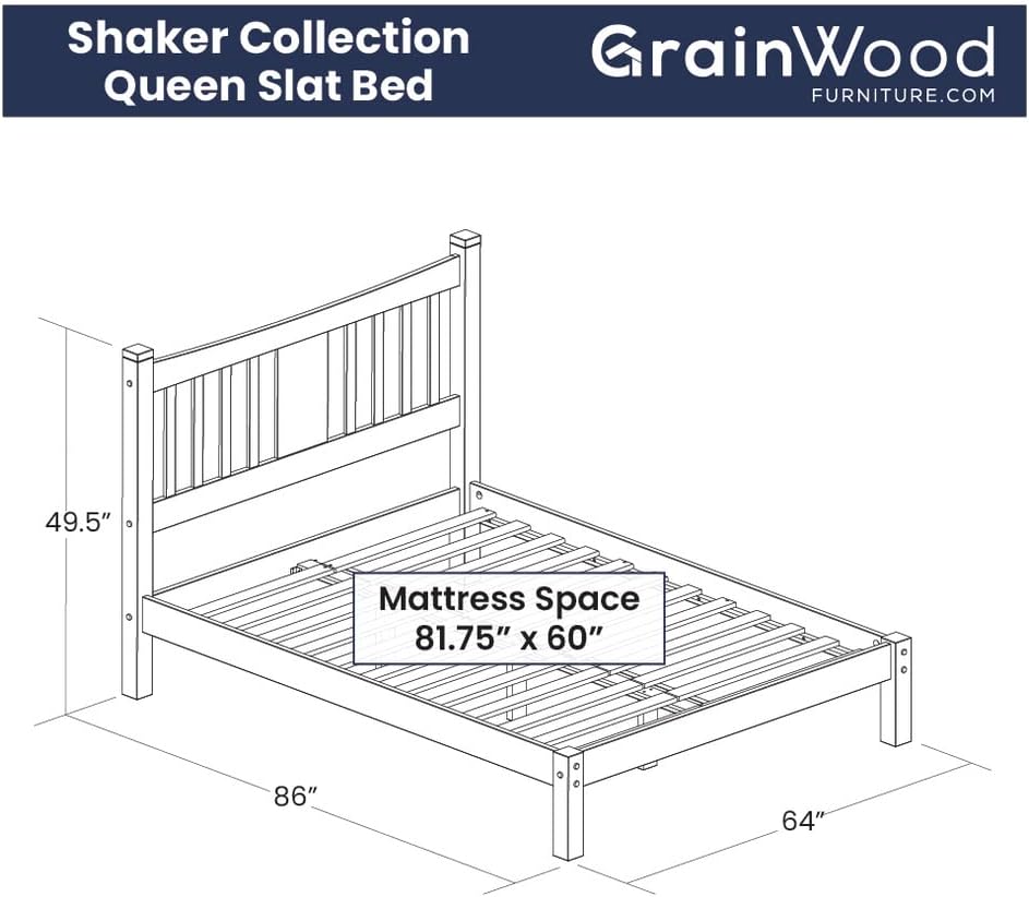 Grain Wood Furniture Shaker Solid Wood Slat Platform Bed, Queen Size, Walnut Finish
