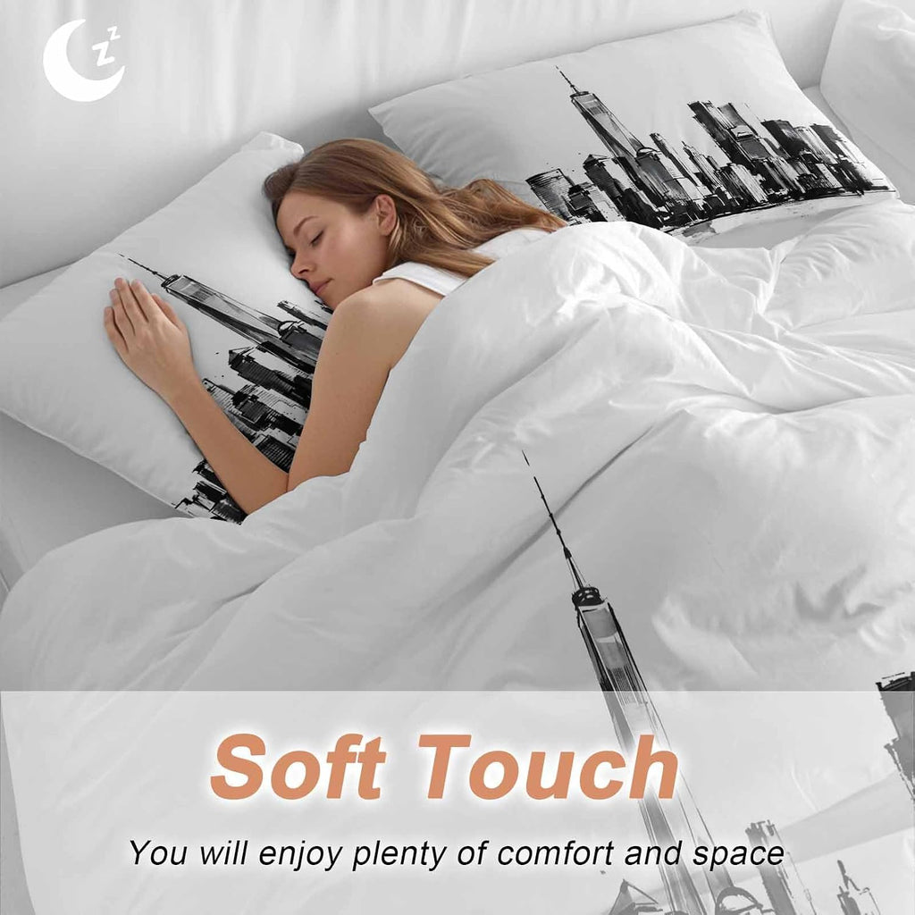 City Silhouette Duvet Cover Set Queen Size 4 Pieces Modern Minimalist Black and White Skyscraper Bedding Set with Zipper Closure, 1 Comforter Cover 86x86 Inches 1 Flat Sheet & 2 Pillow Cases
