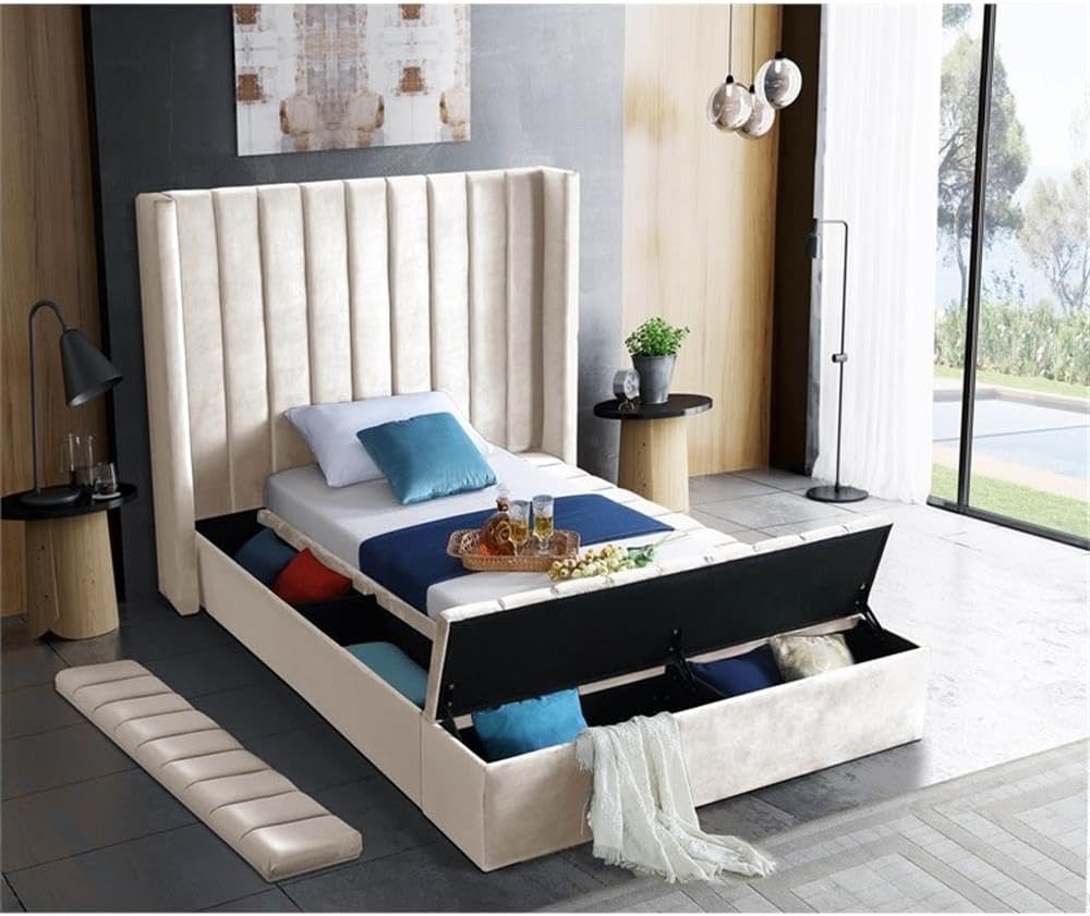 Meridian Furniture Kiki Collection Modern | Contemporary Velvet Upholsterd Bed with Channel Tufting, Siderails and Footboard Storage Compartments, Twin, Cream