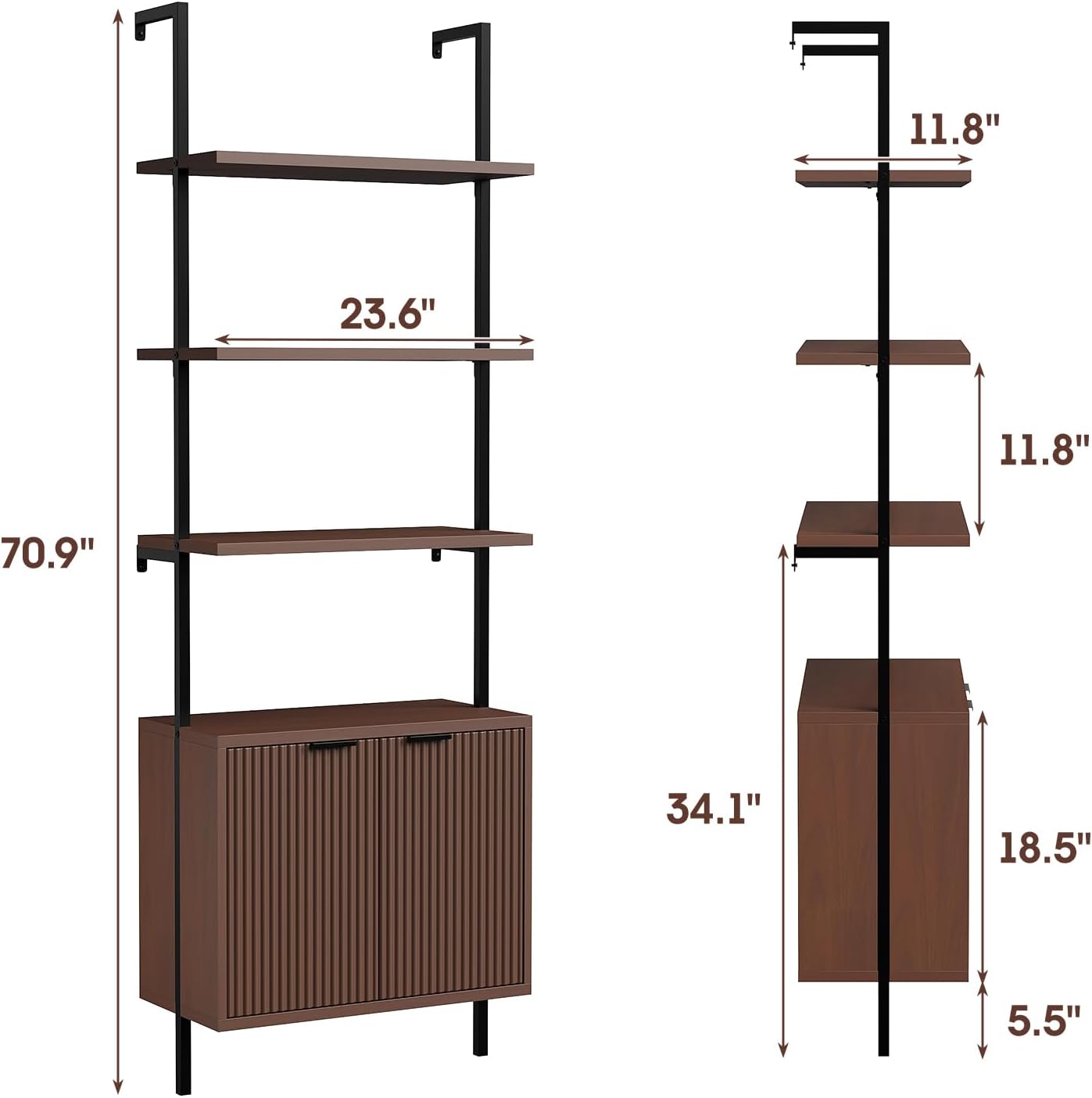 Halitaa Set of 2 Walnut & Black Ladder Shelf with Storage Cabinet, Modern Ladder Bookshelf with Doors, Wall Mount Bookcase with Metal Frame, Display Shelves for Living/Bed/Bathroom, Home Office
