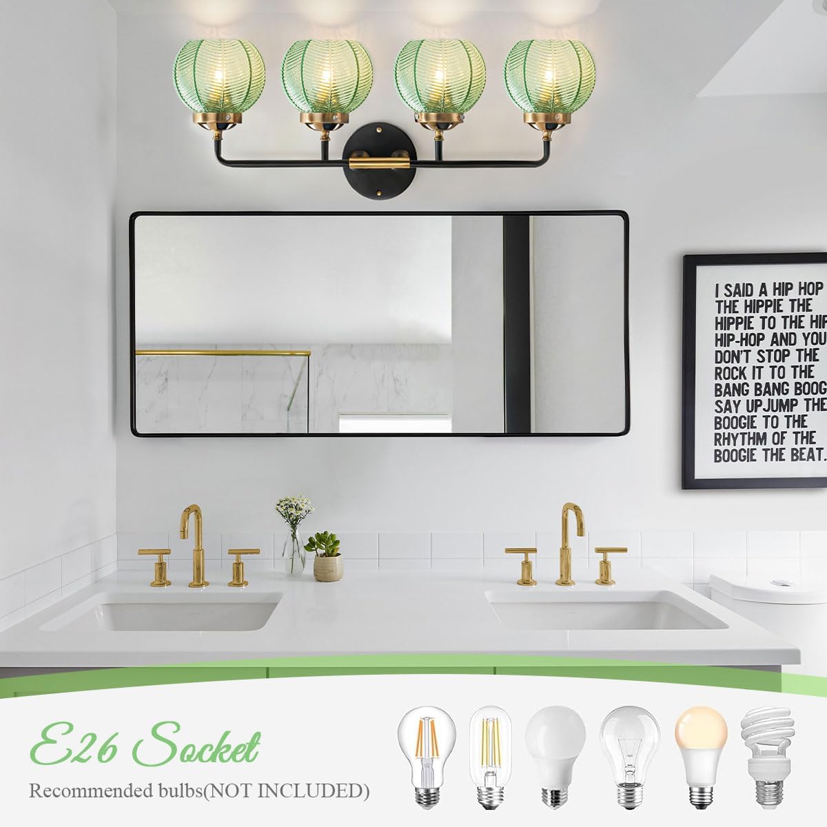 Modern Vanity Light Bathroom 4-Light Fixtures Vintage Wall Lamp Emerald Green Glass Globe Shade Over Mirror Vanity Wall Lights Indoor Deco Lighting Fixture for Mirror Kitchen Cabinet