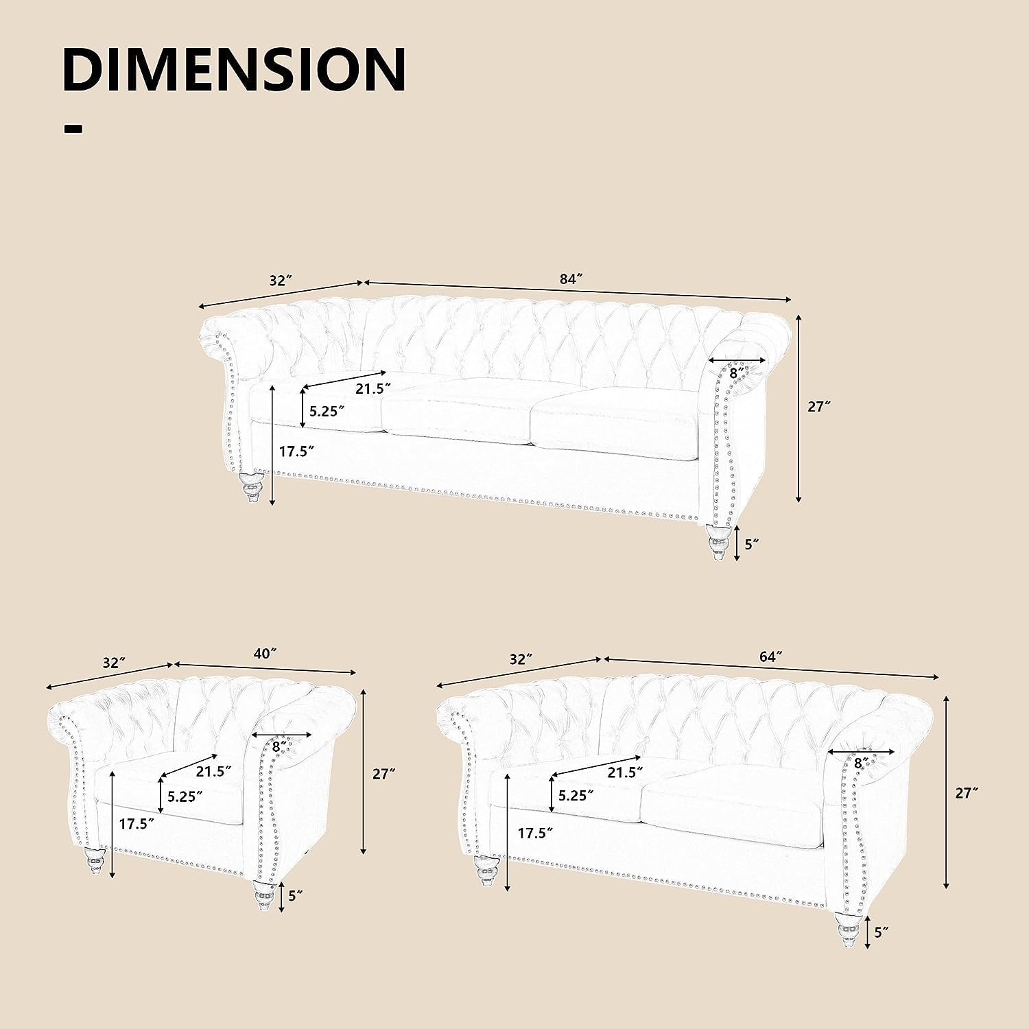 QHITTY 3 Piece Living Room Couch Set, Sectional Chesterfield Sofa Chair Contemporary Upholstered Velvet Loveseat Sofa Sets for Living Room, Office, Small Apartment