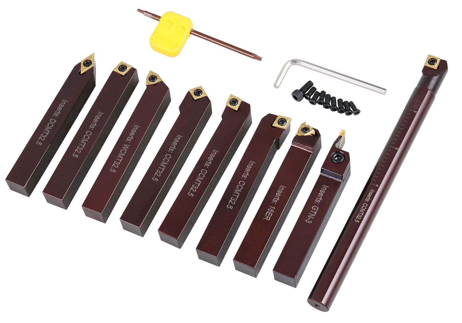 Accusize Industrial Tools 5/8' Shank 9-Piece Indexable Turning & Boring Tool Set, TiN-Coated C6 Inserts for Steel, 2988-0058