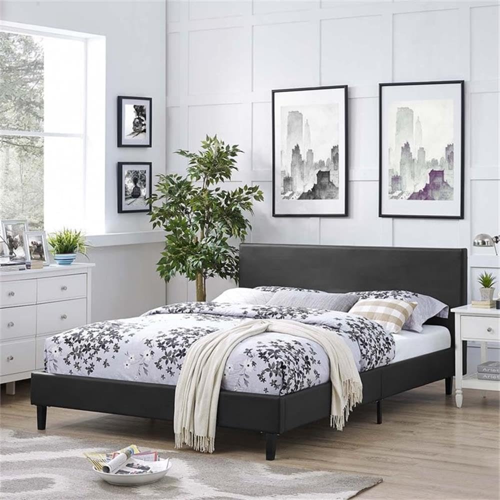 Pemberly Row Set of 2 Modern Full Bed in Black and Nightstand in Walnut/White