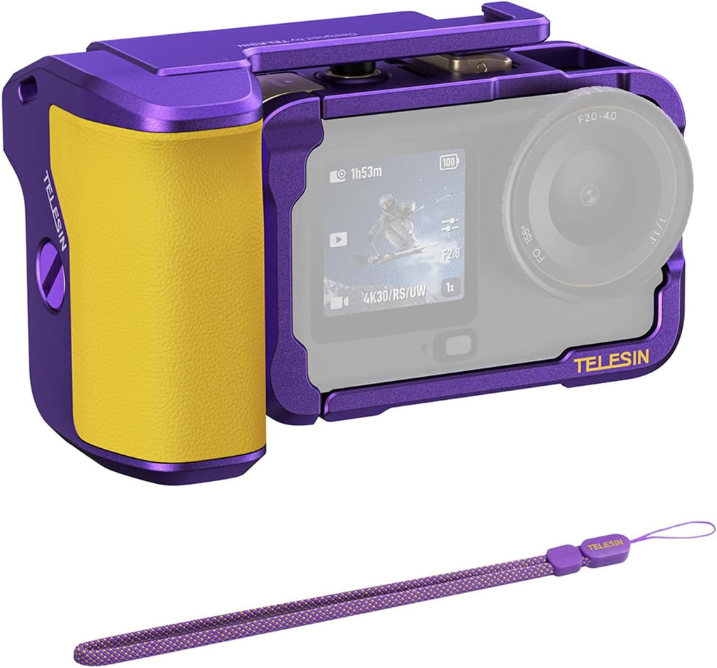 TELESIN Metal Aluminum Alloy Street Grip Kit for DJI Action 6 with Metal Cage Camera Grip Holder with Seesaw Shutter Button Aluminum Alloy Shell Backup TF Card Slot (Iridescent Purple-Gold)