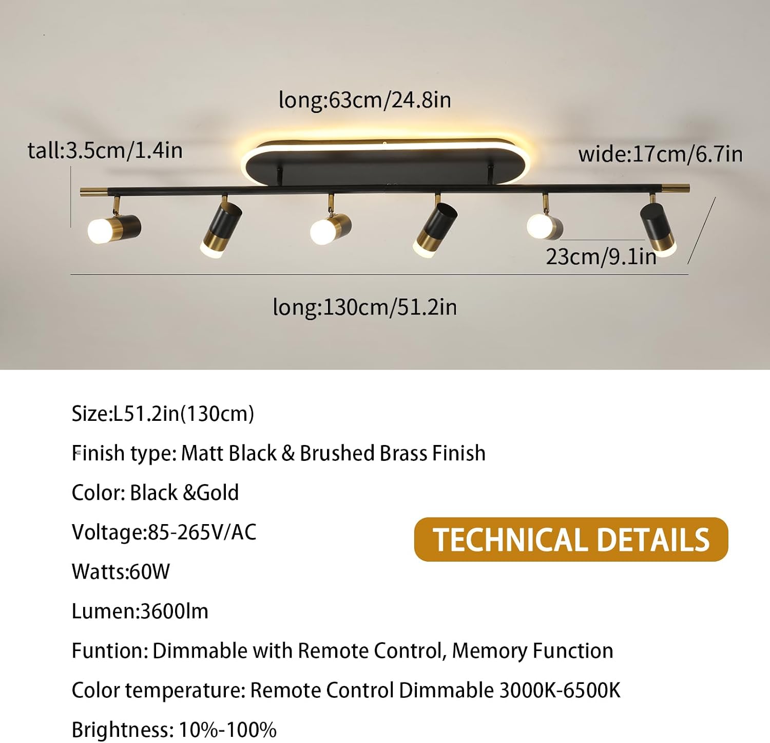 Jaycomey Modern LED Ceiling Lights, Dimmable 6-Light Flush Mount Ceiling Lamp Fixture with Remote, 51'' Black and Gold Directional Ceiling Ligting for Hallway Kitchen Bedroom Entry (60W/3600 Lumens)