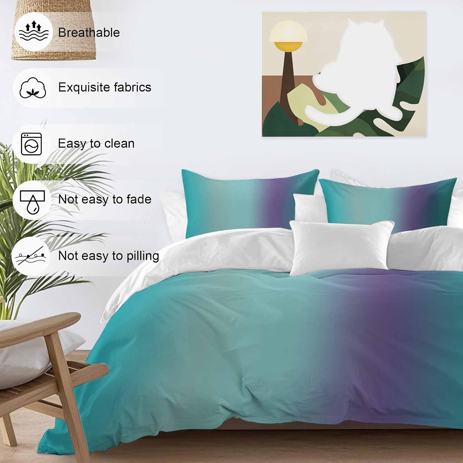 Gradient Green Purple Duvet Cover Set Queen Size 4 Pieces Modern Abstract Minimalist Teal Ocean Beach Bedding Set with Zipper Closure, 1 Comforter Cover 86x86 Inches 1 Flat Sheet & 2 Pillow Cases