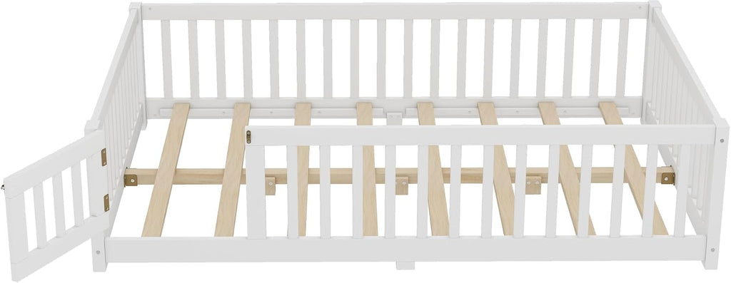 Bellemave Full Size Floor Bed Frame with Fence and Door for Kids, Montessori Floor Bed with Slats and Safety Guardrails,Solid Wood Full Bed Frame for Girls Boys,White