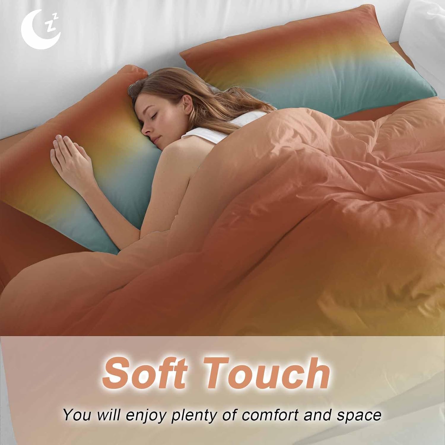 Bohemian Gradient Green Duvet Cover Set Queen Size 4 Pieces Modern Minimalist Orange Yellow Ocean Beach Bedding Set with Zipper Closure, 1 Comforter Cover 92x106 Inches 1 Flat Sheet & 2 Pillow Cases