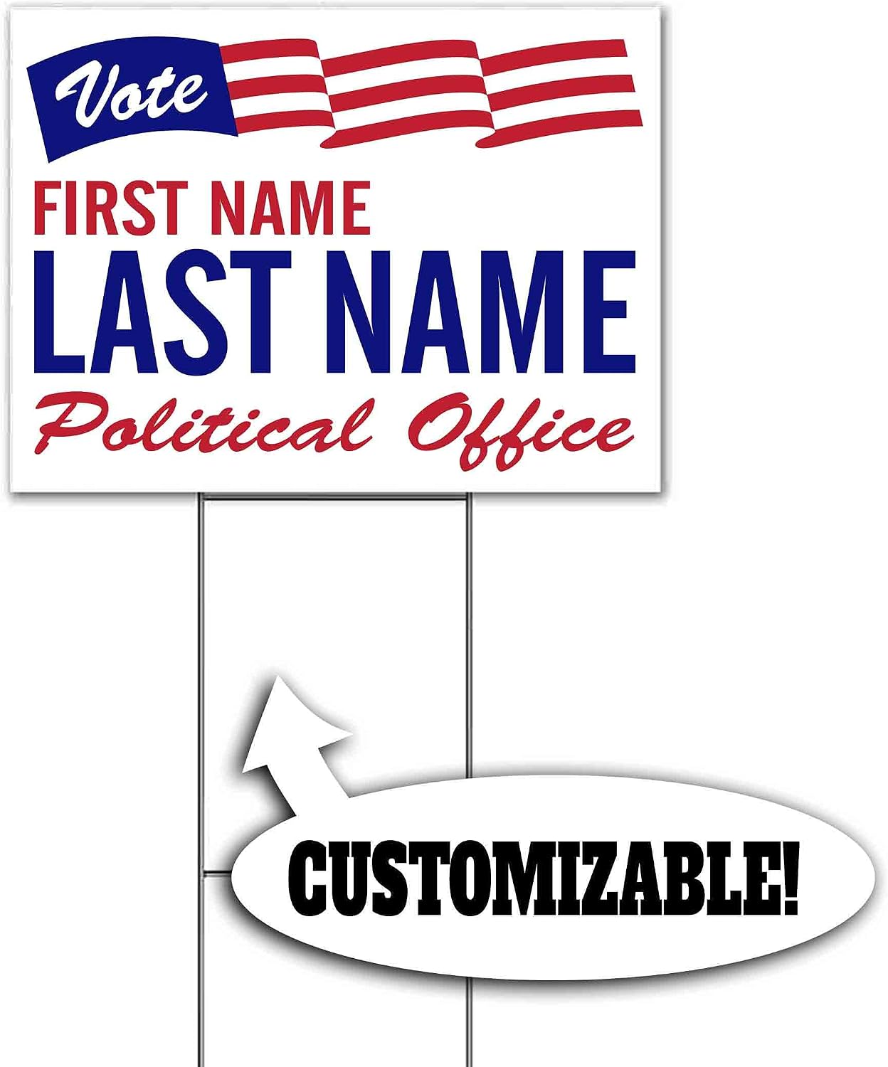 Vote Name Political Office Customizable (18' x 24') Yard Sign, Quantity Discounts, Multi-Packs, Includes Metal Step Stake, Bandit, New, Advertising, USA