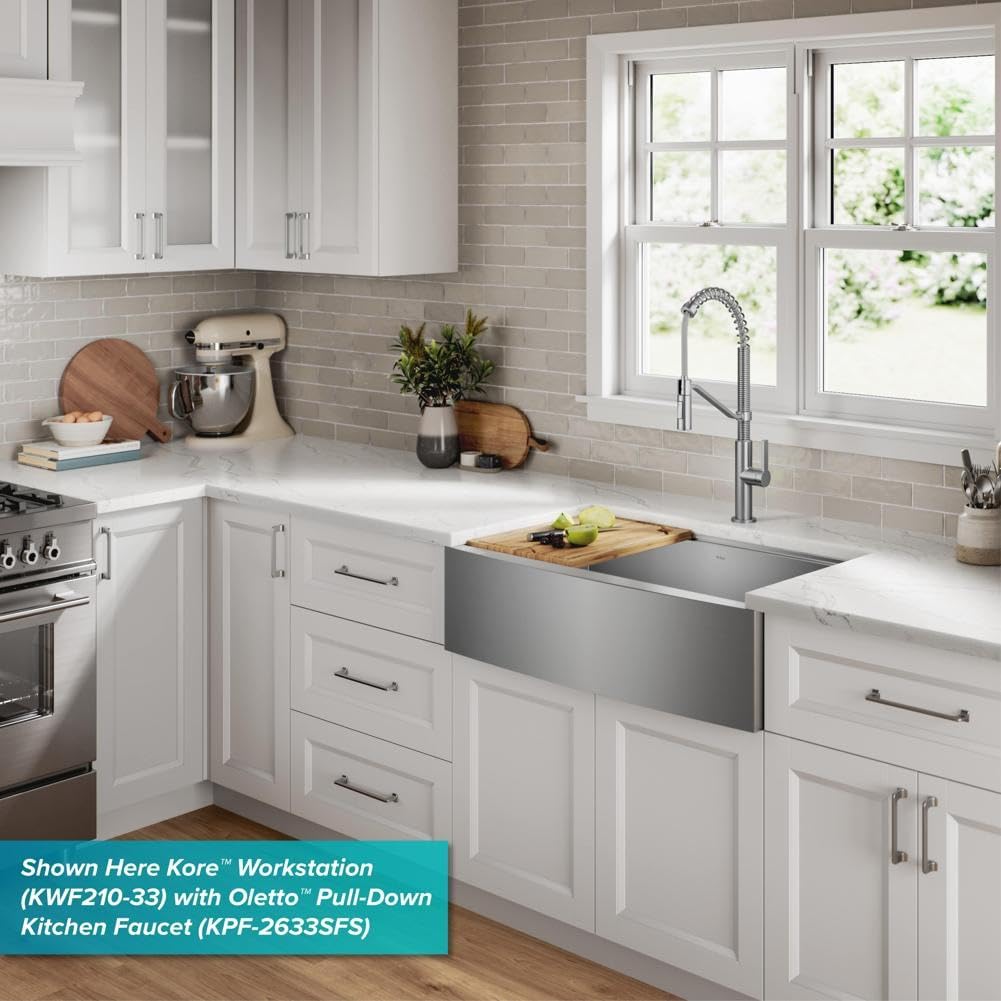 KRAUS Kore 24-Inch Farmhouse Workstation 16 Gauge Single Bowl Stainless Steel Kitchen Sink with Accessories, KWF210-24