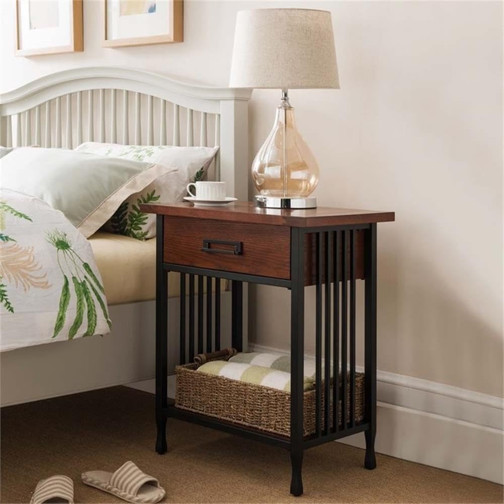 Bowery Hill 1 Drawer Nightstand, 28' H x 24' W x 16' D, Hardwood Solids and Oak Veneers, Mission Oak Finish, Blackened Metal Slats, Lower Display Shelf, Full Extension Drawer Guides, Bedroom Furniture