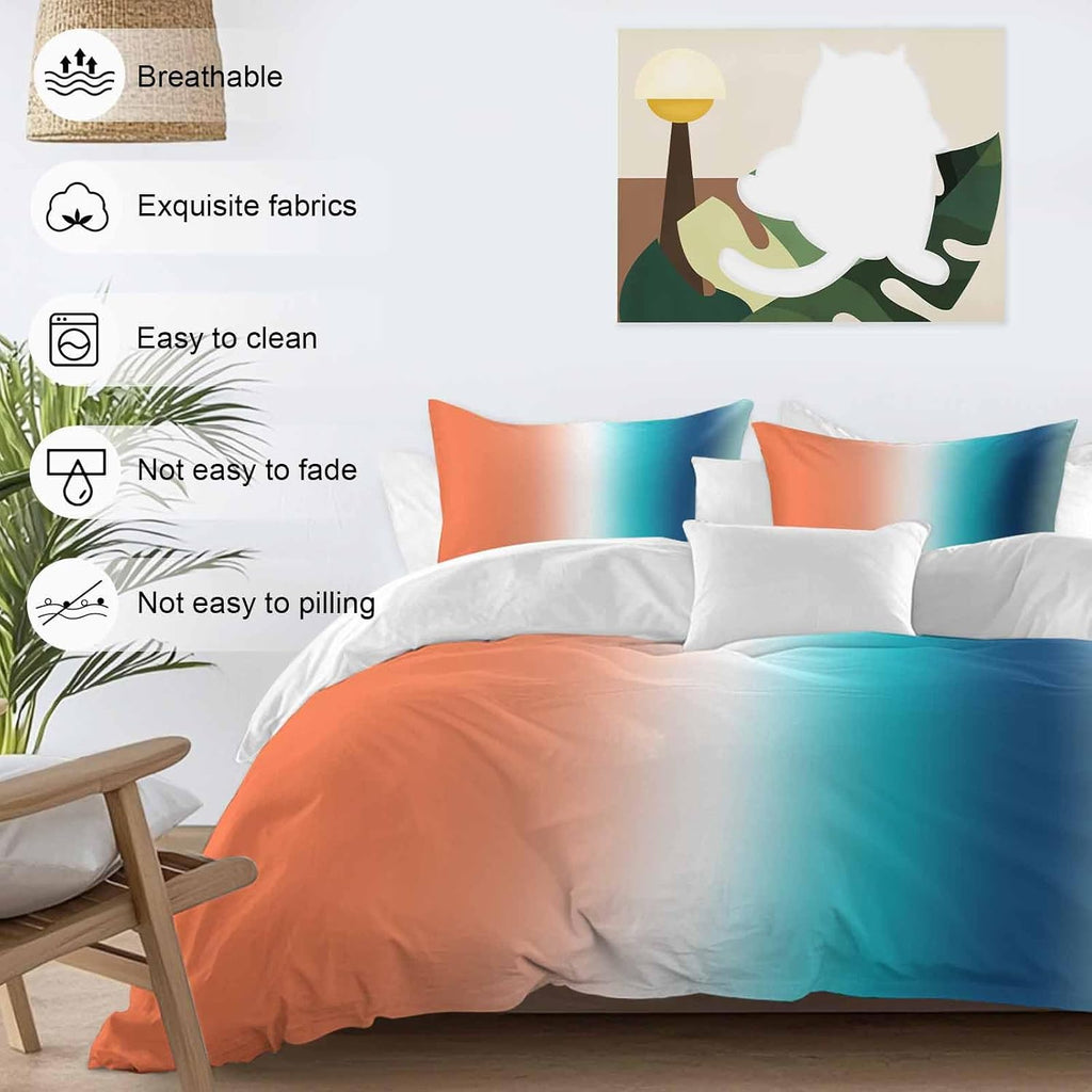 Gradient Orange Teal Duvet Cover Set Queen Size 4 Pieces Modern Abstract Minimalist Blue Ocean Beach Bedding Set with Zipper Closure, 1 Comforter Cover 86x86 Inches 1 Flat Sheet & 2 Pillow Cases