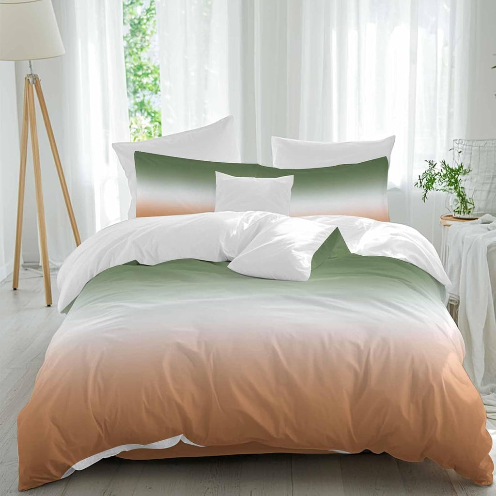 Bohemian Gradient Sage Green Duvet Cover Set Queen Size 4 Pieces Modern Minimalist Green Orange Ocean Beach Bedding Set with Zipper Closure,1 Comforter Cover 92x106 Inches 1 Flat Sheet&2 Pillow Cases