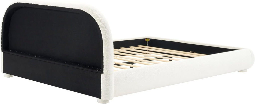 Curve-Shaped Upholstered Platform Bed with Curved Shaped Headboard, Queen Size Wood Bed Frame for Kids Adults Bedroom Furniture, Velvet Thick Fabric Upholstered Bed Grounded Bed (Cream, Queen)