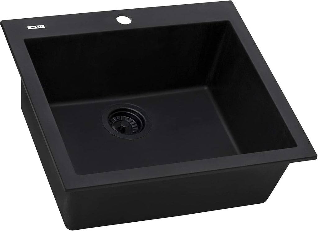 Ruvati 23 x 20 inch epiGranite Drop-in Topmount Granite Composite Quartz Single Bowl Wet Bar Prep Sink - Midnight Black - RVG1023BK
