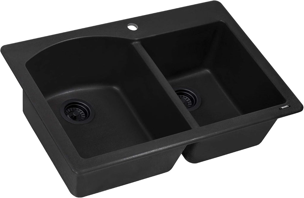 Ruvati 33 x 22 inch epiGranite Drop-in Topmount Granite Composite Quartz Double Bowl Kitchen Sink - Midnight Black - RVG1344BK