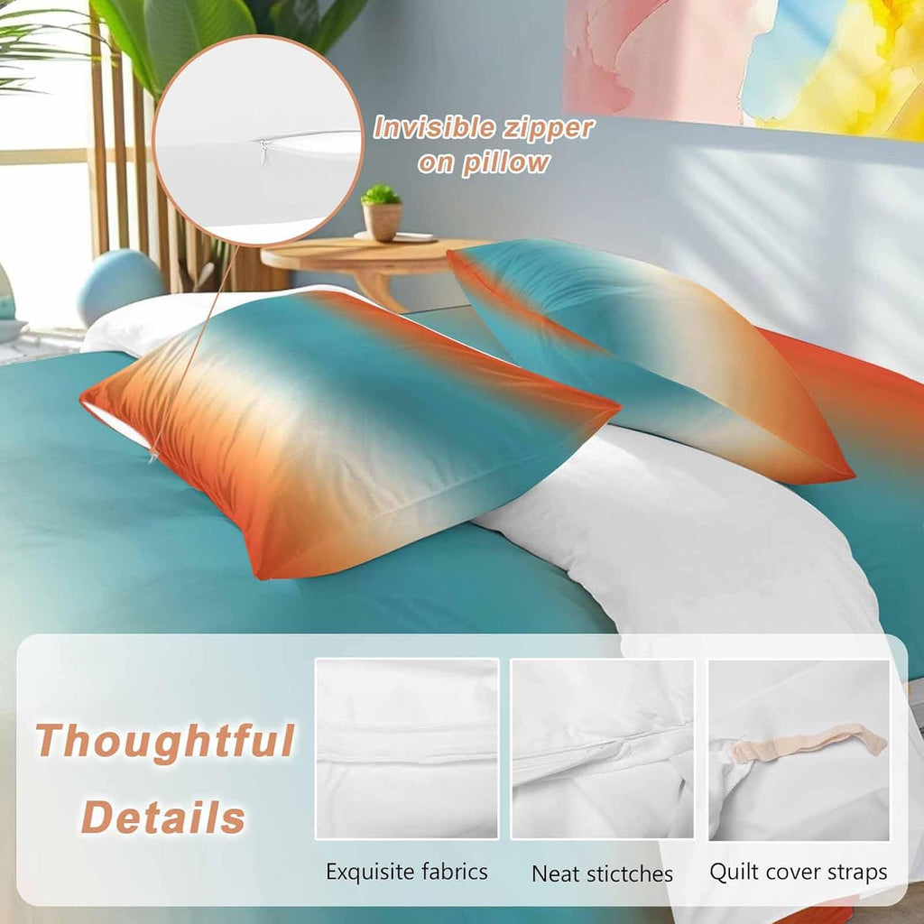 Bohemian Gradient Blue Duvet Cover Set Queen Size 4 Pieces Modern Minimalist Red Orange Ocean Beach Bedding Set with Zipper Closure, 1 Comforter Cover 86x86 Inches 1 Flat Sheet & 2 Pillow Cases