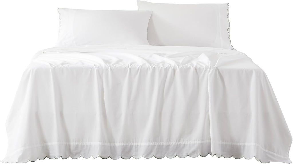 Lush Decor Coastal Chic Scalloped Edge Cotton Sheet Set 4 Piece Set Queen Sage - White Sheets - Scallop Trim - Bed Sheets - Coastal Decor