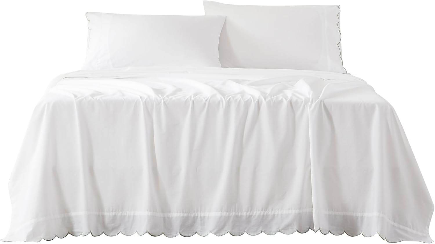Lush Decor Coastal Chic Scalloped Edge Cotton Sheet Set 4 Piece Set Queen Sage - White Sheets - Scallop Trim - Bed Sheets - Coastal Decor