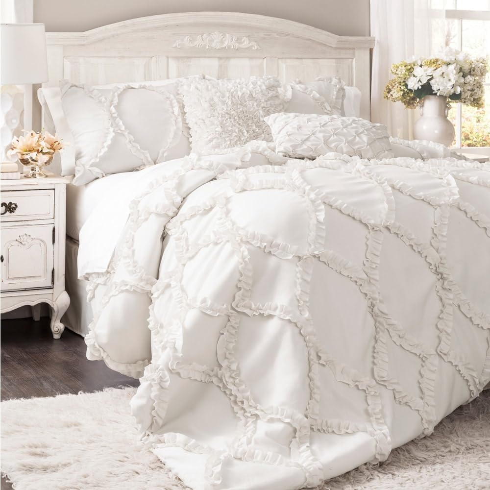 Lush Decor Avon Comforter Set, 3 Piece Set, Full/ Queen, Neutral - Beige Comforters Queen Size Comforter - Ruffled Bedding Set - Vintage Coquette Decor