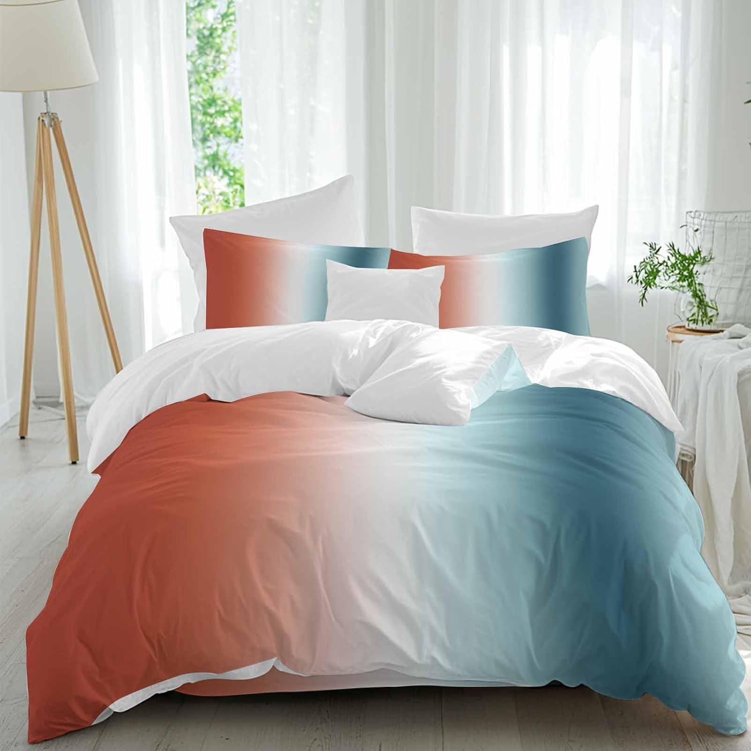 Gradient Orange Blue Duvet Cover Set Queen Size 4 Pieces Modern Abstract Minimalist Ocean Beach Bedding Set with Zipper Closure, 1 Comforter Cover 92x106 Inches 1 Flat Sheet & 2 Pillow Cases