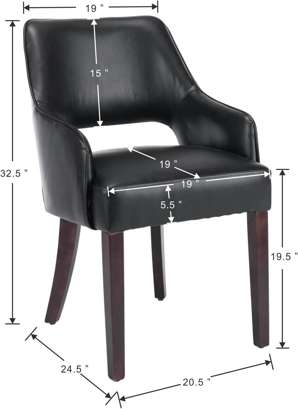 PU Leather Dining Chairs Set of 2, Solid Wood Kitchen Chair with Arms, Farmshouse Upholstered Dinner Chairs for Living Room/Dining Room/Bedroom/Restaurant, Black