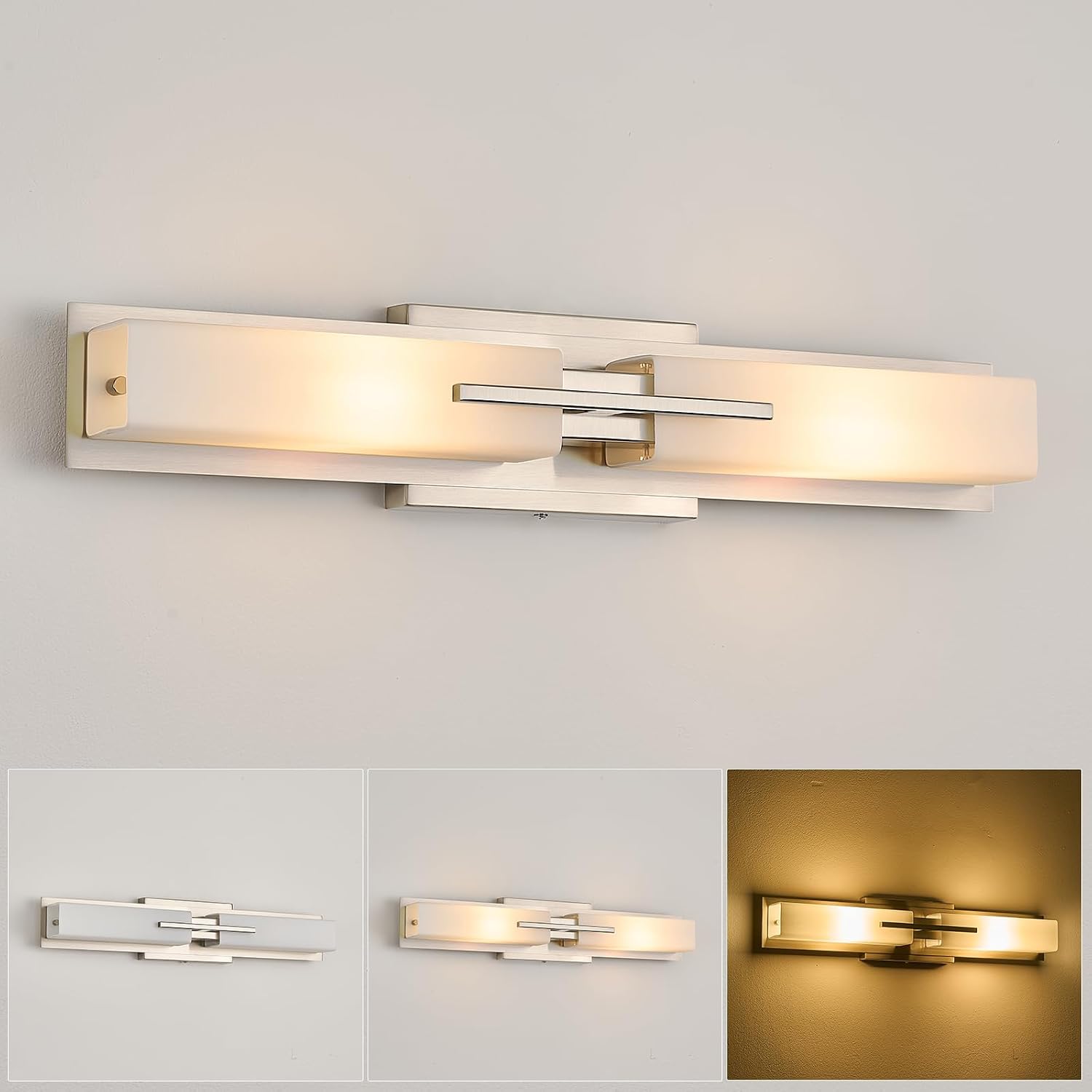 VitaLink 24' Bathroom Vanity Light, Satin Nickel 2-Light Frosted Glass Wall Lights for Bathroom Hardwired Wall Mount Lighting Fixtures for Living Room Bedroom E12