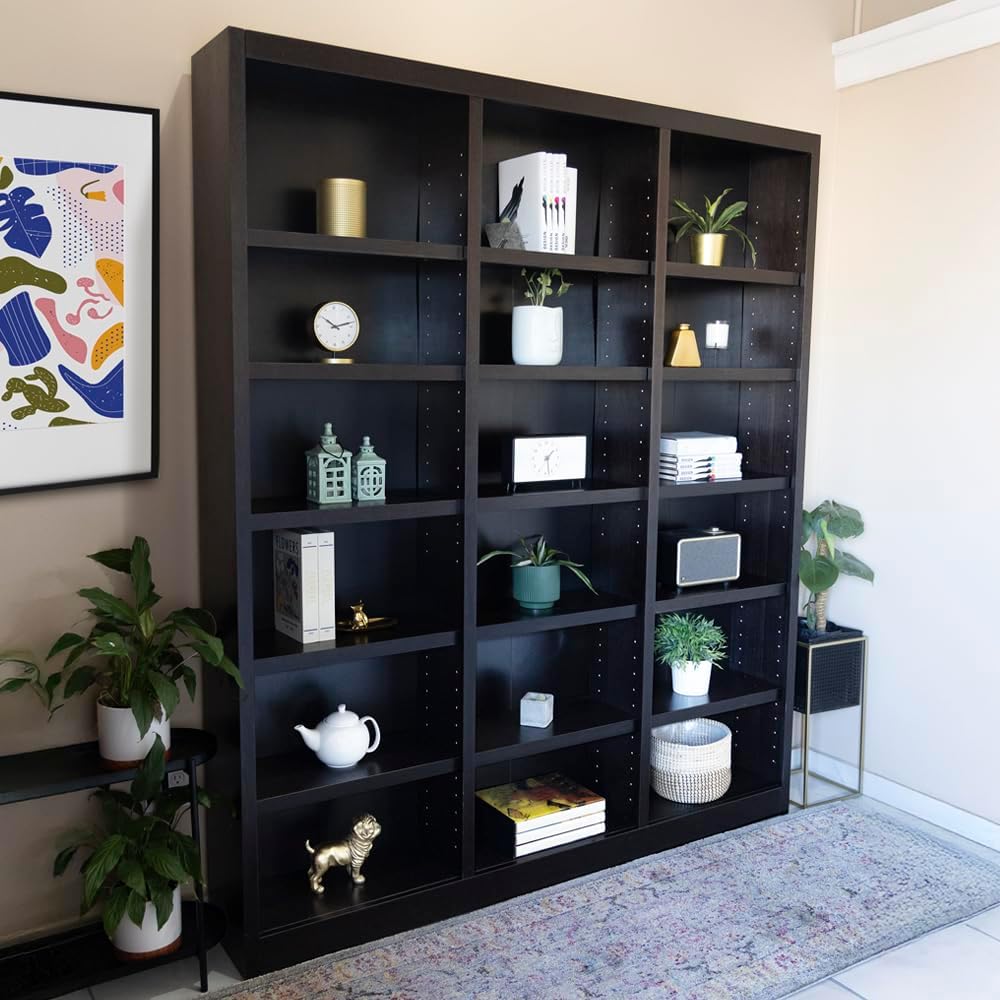 Concepts In Wood Traditional 84' Tall Triple Wide 18-Shelf Genuine Bookcase with 15 Adjustable Shelves & 3 Fixed Shelves, Quick & Simple Assembly, in Chocolate Espresso Finish