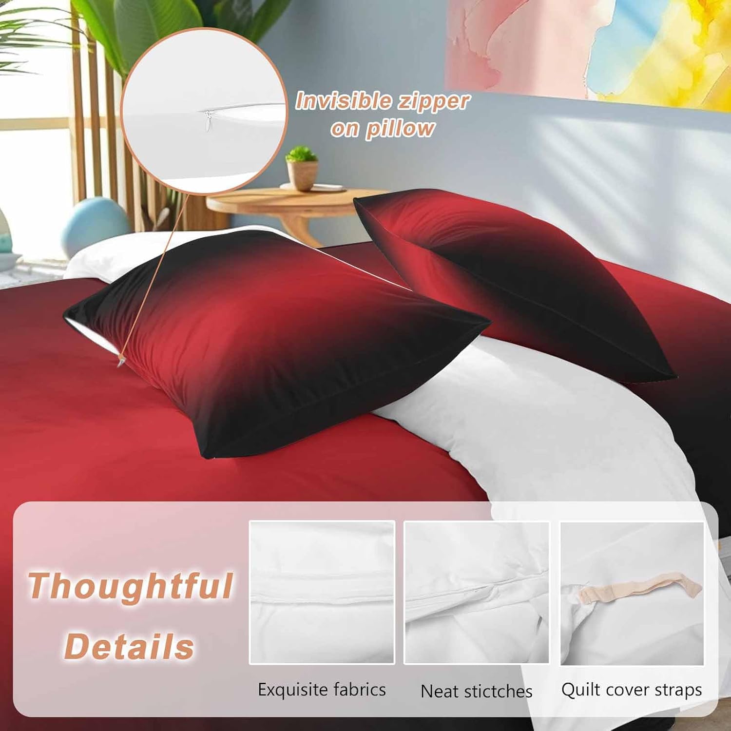 Gradient Red Black Duvet Cover Set Queen Size 4 Pieces Modern Abstract Minimalist Red Ocean Beach Bedding Set with Zipper Closure, 1 Comforter Cover 92x106 Inches 1 Flat Sheet & 2 Pillow Cases