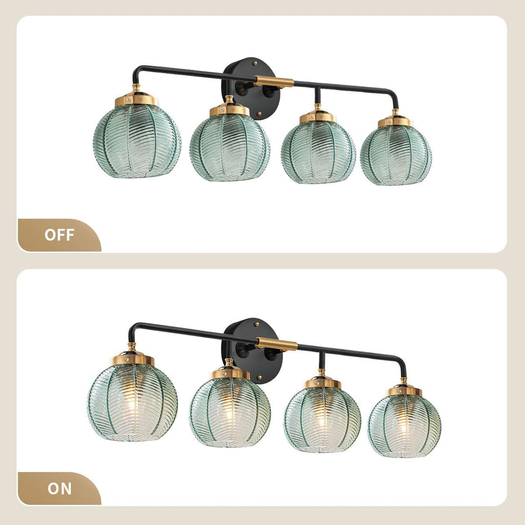 4-Lights Bathroom Light fixtures Glass Vanity Light Green Bathroom Sconce Mid Century Modern Wall Lamp,Black Gold Art Deco Vanity Light for Over Mirror Bedroom Hallway Dining Room