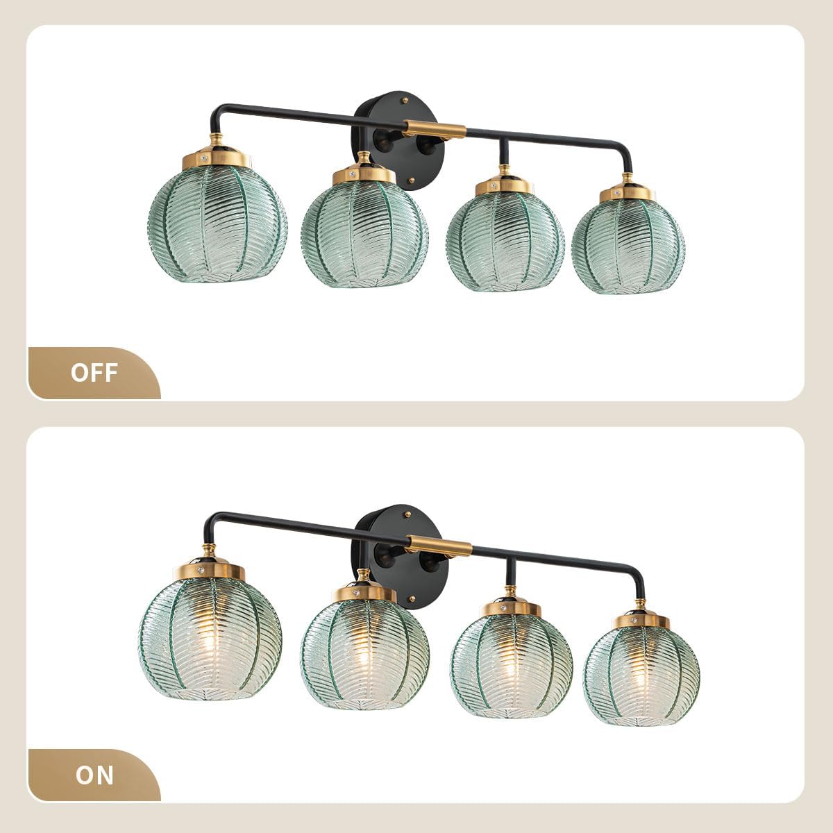 4-Lights Bathroom Light fixtures Glass Vanity Light Green Bathroom Sconce Mid Century Modern Wall Lamp,Black Gold Art Deco Vanity Light for Over Mirror Bedroom Hallway Dining Room