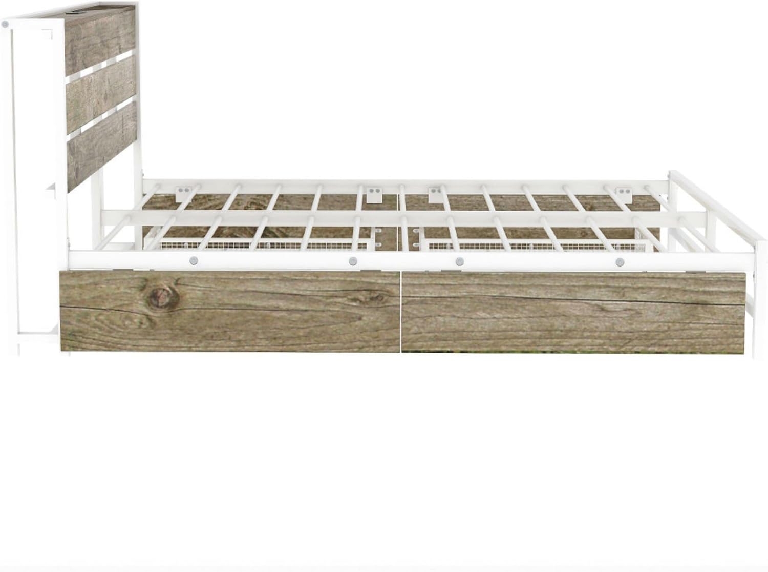 Rustic Wood Platform Bed Frame with 4-Drawer Storage, Charging Station Headboard, 12 Metal Slats, No Box Spring Needed, USB Ports & Outlets, Full Size Modern Bedroom Furniture Set