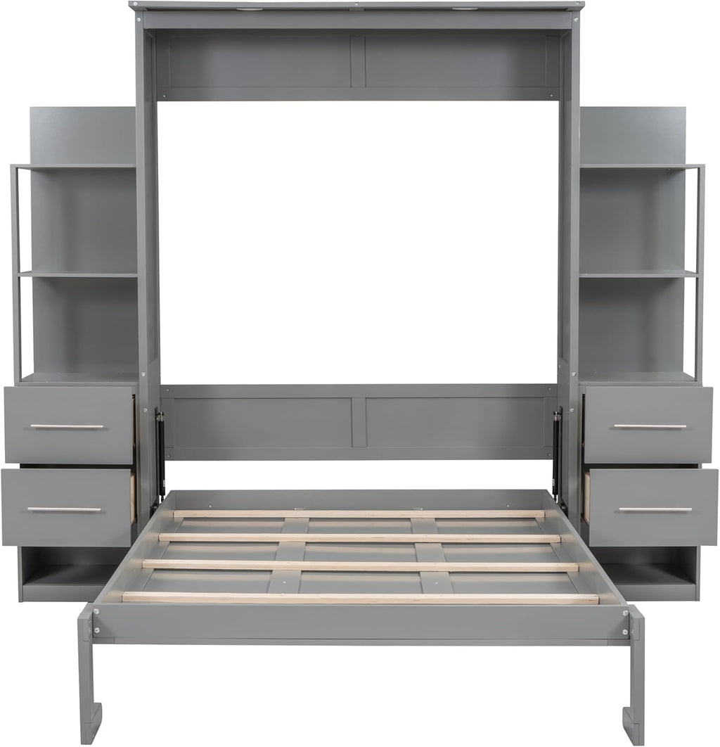 MERITLINE Queen Murphy Bed with Storage Shelves,Bookcase,Drawers & LED Lights,Wood Murphy Wall Bed Cabinet for Adults