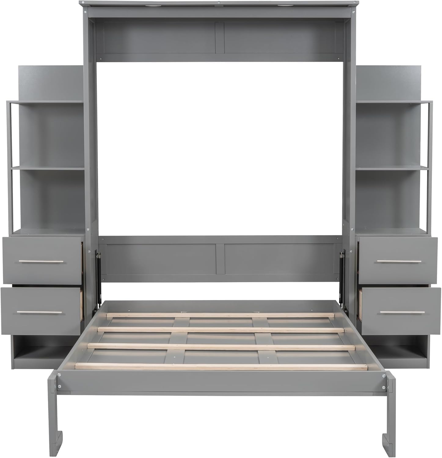 MERITLINE Queen Murphy Bed with Storage Shelves,Bookcase,Drawers & LED Lights,Wood Murphy Wall Bed Cabinet for Adults