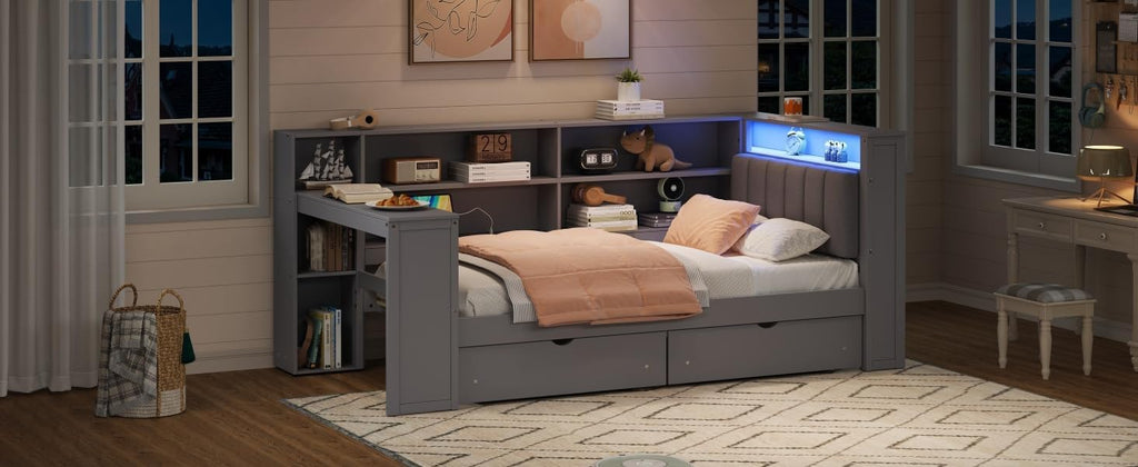 Ball & Cast Wood Twin Size Platform Bed with Storage Shelves and Drawers,Cabinet Bed Frame w/Charging Station & Built-in Desk,Upholstered Headboard,Space-Saving,Furniture for Apartment,Grey+Grey