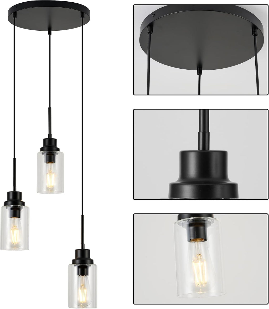 3-Lights Modern Pendant Light Fixtures Black Adjustable Height Ceiling Lights Chandelier with Clear Glass Shades Kitchen Island Lighting Hanging E26 Base for Foyer Dining Room