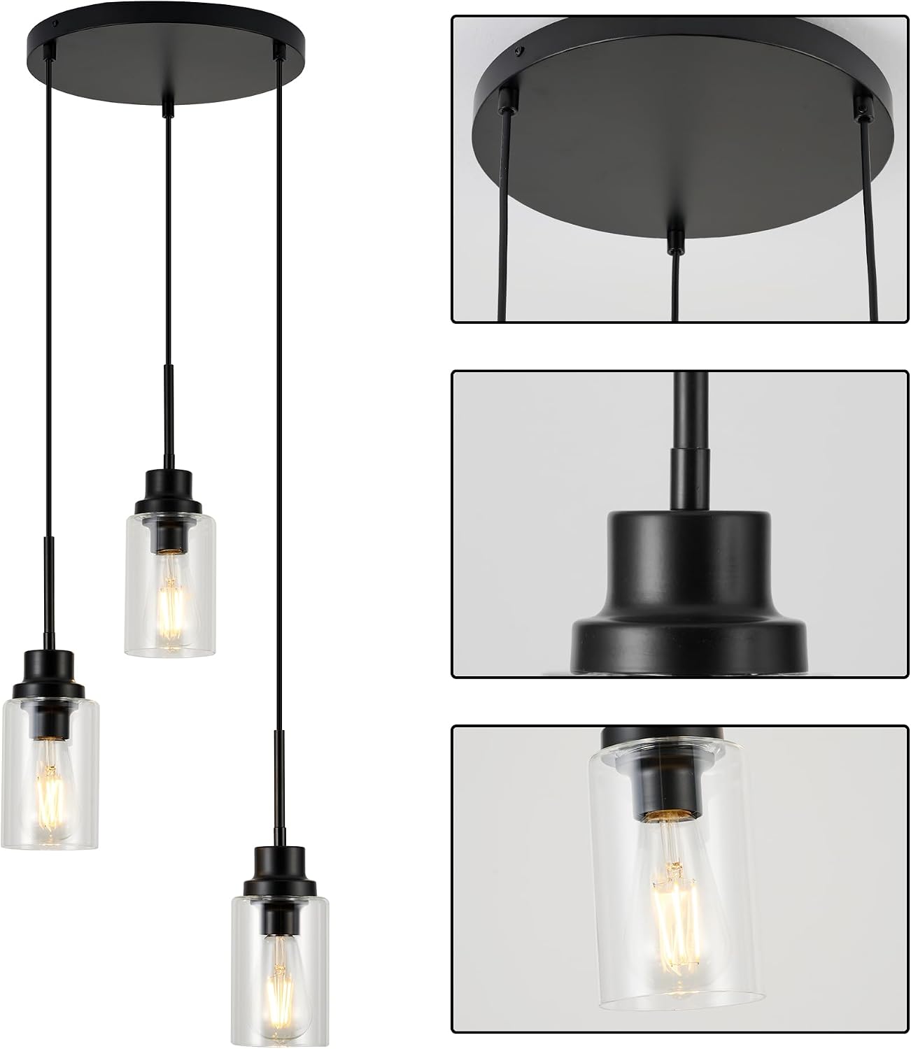3-Lights Modern Pendant Light Fixtures Black Adjustable Height Ceiling Lights Chandelier with Clear Glass Shades Kitchen Island Lighting Hanging E26 Base for Foyer Dining Room