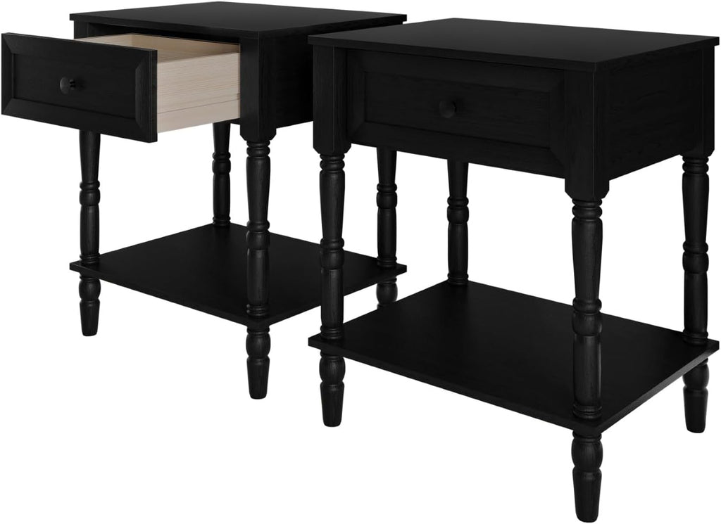 HOME DESIGN Homer Queen Tufted Wingback Upholstered Panel Bed with 2 Matching 1 Drawer Nightstands, Bedroom Furniture Set with Open Shelf Storage, Black Black