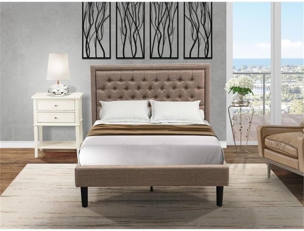 East West Furniture KD16F-1VL0C 2 Piece Wood Bedroom Set-1 Full Bed Dark Khaki Linen Fabric Padded and Button Tufted Headboard with 1 Night Stands-Wire Brushed Butter Cream Finish Nightstand