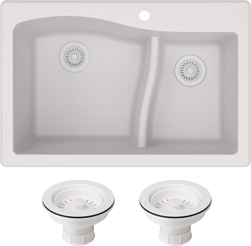 KRAUS KGD-442 Quarza 33-inch 33' Dual Mount 60/40 Double Bowl Granite Kitchen Sink in White