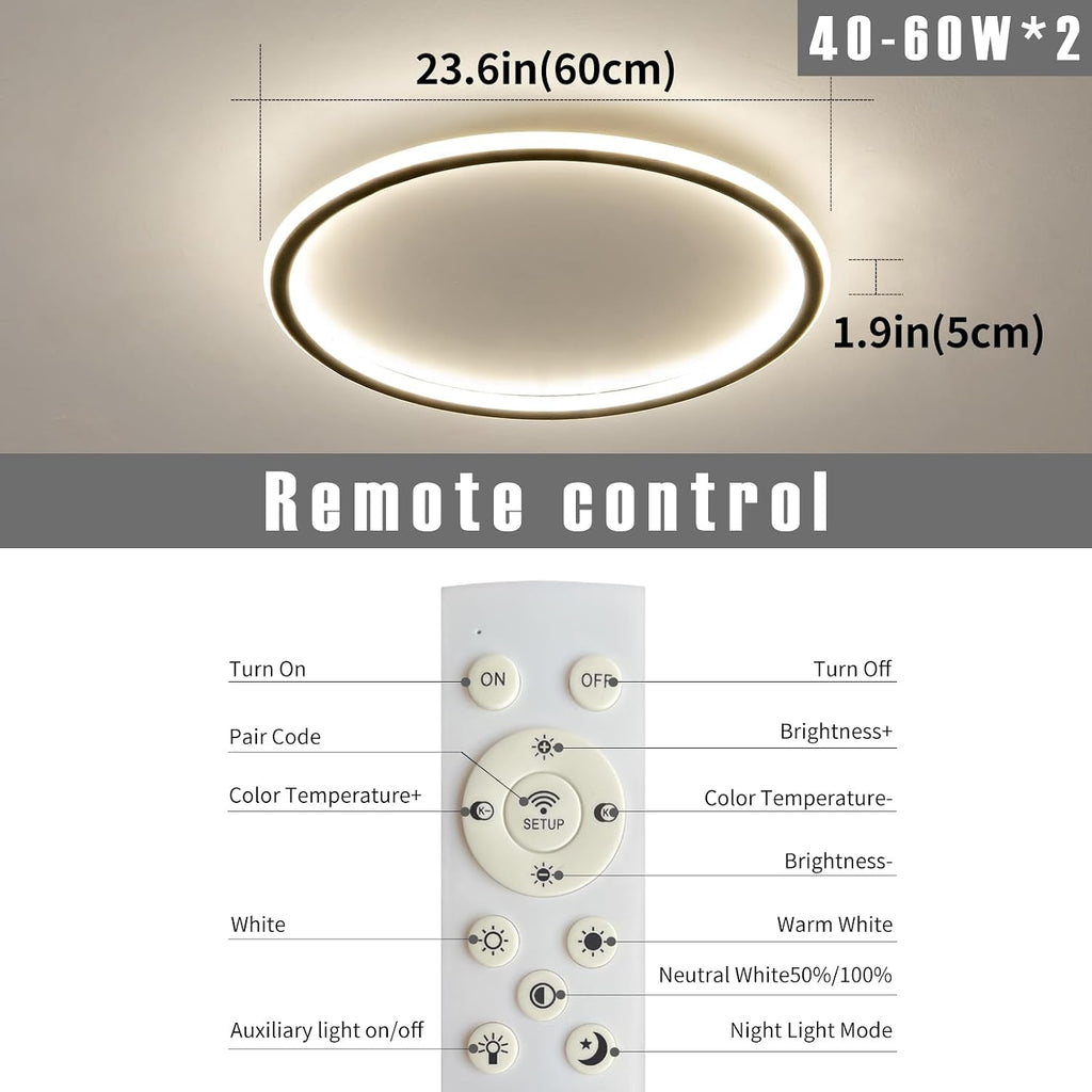 23.6 Inch Flush Mount Ceiling Light, 40-60W Round LED Ceiling Light Fixtures, Thin Modern Ceiling Lamp, Close to Ceiling Lights for Bedroom, Kitchen, Living Room, 3 Color Temperature Selectable