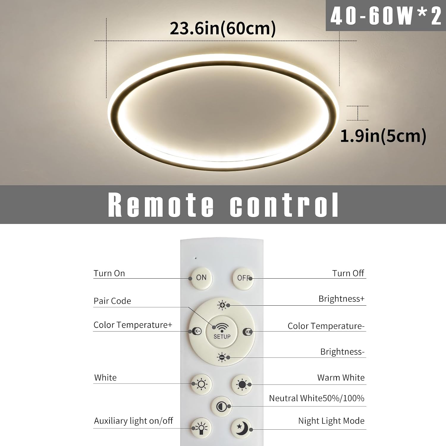 23.6 Inch Flush Mount Ceiling Light, 40-60W Round LED Ceiling Light Fixtures, Thin Modern Ceiling Lamp, Close to Ceiling Lights for Bedroom, Kitchen, Living Room, 3 Color Temperature Selectable
